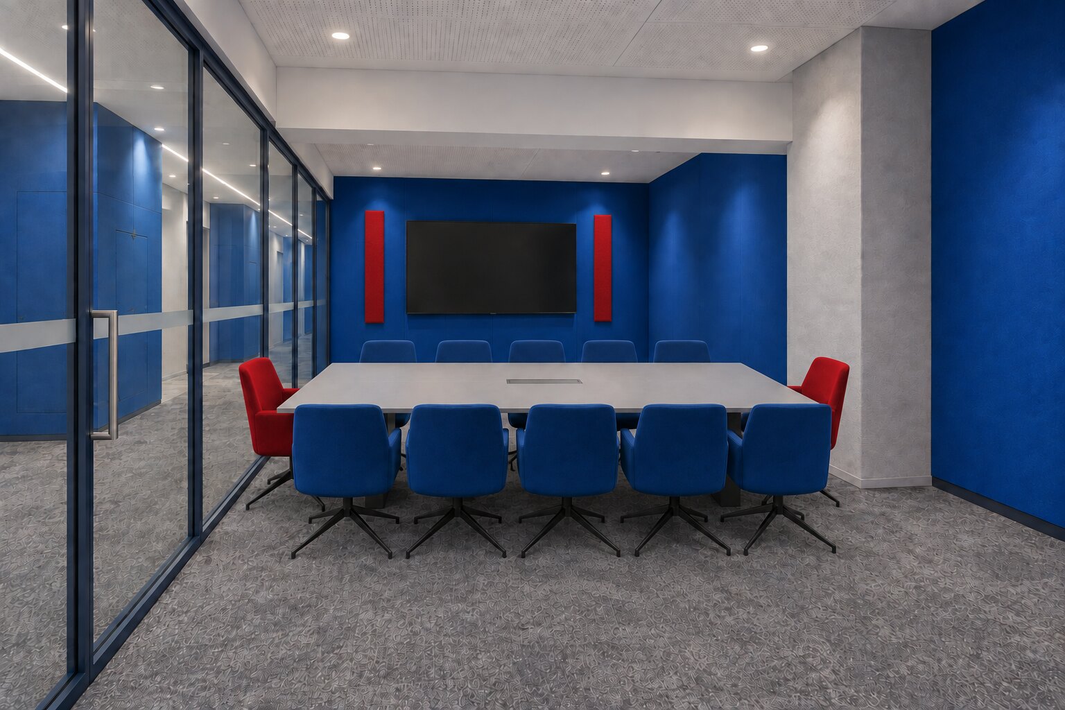 Concept rendering of the meeting room with a central table, blue chairs, red end chairs and glass partitions