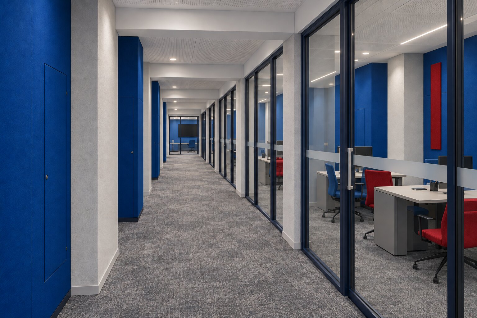 Concept rendering of the office corridor with glass partitions, blue walls and red accent chairs